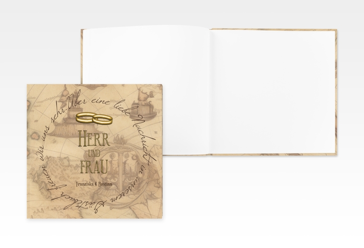 Gästebuch Hochzeit Zwei Ringe 20 x 20 cm, Hardcover mit Eheringen und Fantasy-Landkarte