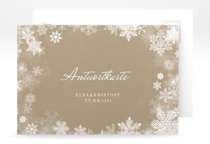 Antwortkarte Hochzeit Snowfall A6 Postkarte mit Schneeflocken für Winterhochzeit