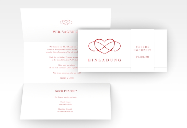 Hochzeitseinladung Infinity Wickelfalzkarte + Banderole rot