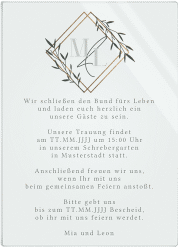 Klick: Details zu Acryl-Hochzeitseinladung "Greenletter" anzeigen Acryl-Hochzeitseinladung Greenletter Acrylkarte hoch gruen mit Initialen in elegantem Goldrahmen mit Blättern