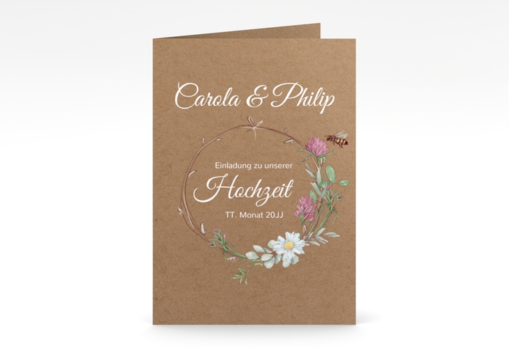 Einladungskarte Hochzeit Honey A6 Klappkarte hoch mit Wiesenblumen und Biene