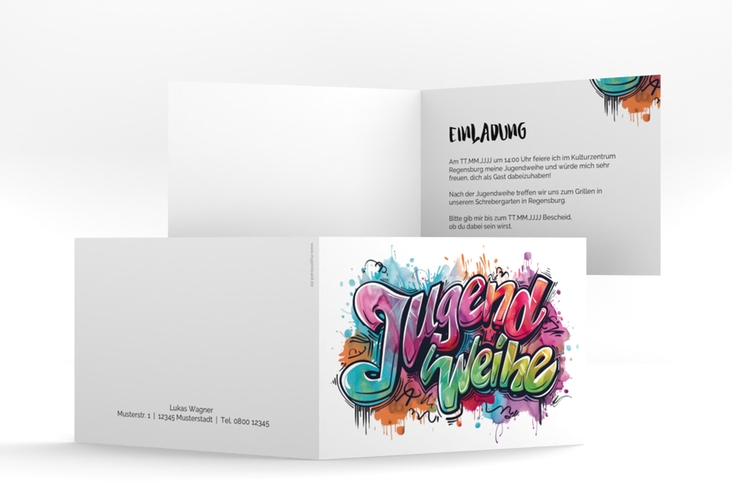 Einladungskarte Jugendweihe Stylewriting A6 Klappkarte quer bunt mit Graffiti-Schriftzug