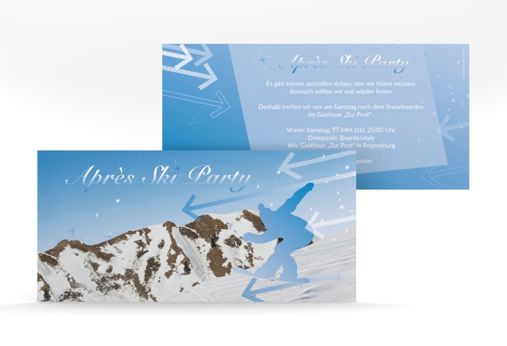 Partyeinladung Ski lange Karte quer mit Snowboarder für Après-Ski-Party
