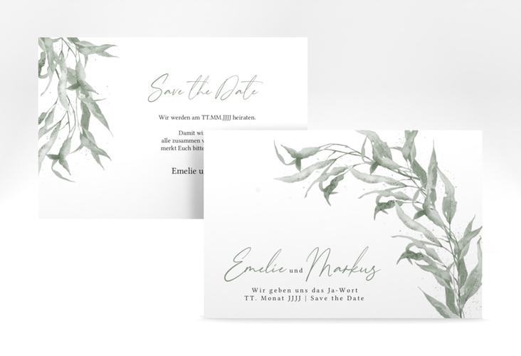 Save the Date-Karte Eucalyptus Green A6 Karte quer weiss hochglanz