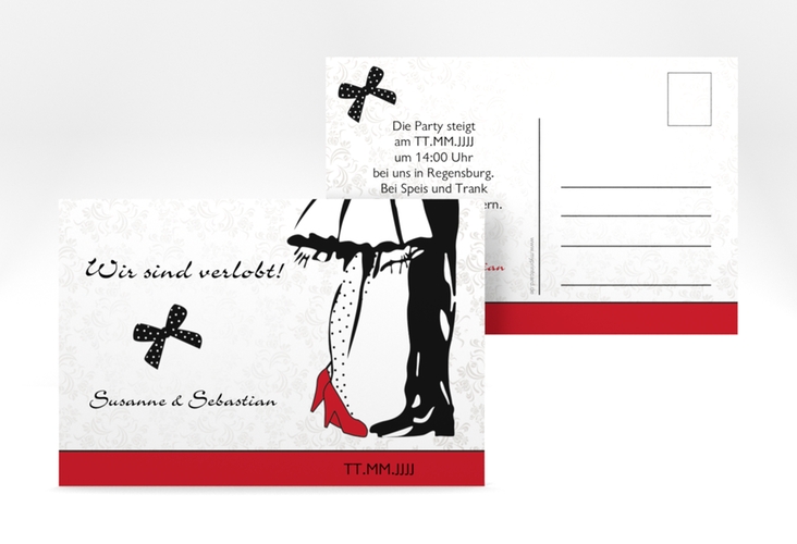 Verlobungskarte Hochzeit Straßburg A6 Postkarte rot mit Rockabilly-Brautpaar