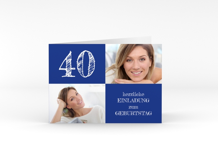 Einladung 40. Geburtstag Lebensfreude A6 Klappkarte quer blau hochglanz