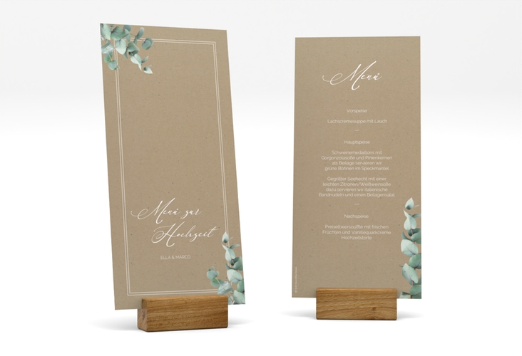 Menükarte Hochzeit Eucalypt lange Karte hoch Kraftpapier mit Eukalyptus und edlem Rahmen