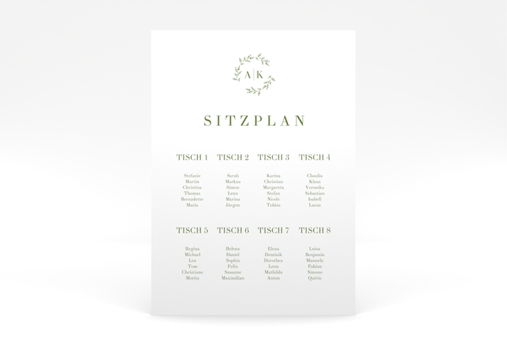 Sitzplan Poster Hochzeit Filigrana 50 x 70 cm Poster gruen in reduziertem Design mit Initialen und zartem Blätterkranz