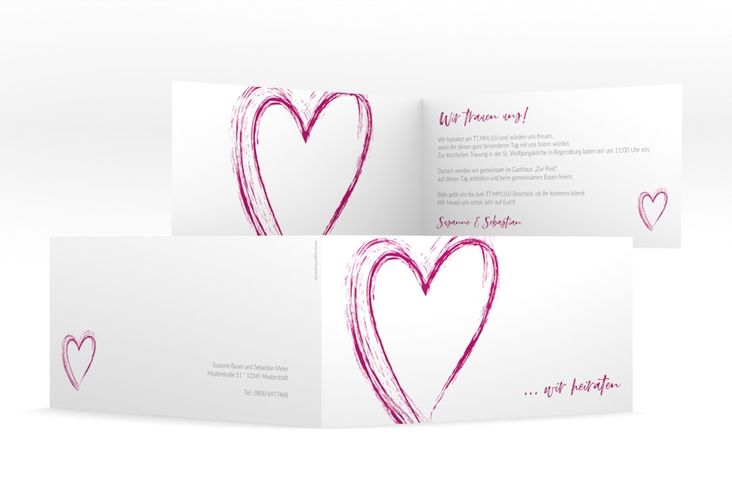 Hochzeitseinladung Liebe lange Klappkarte quer pink hochglanz