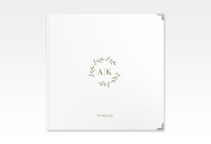 Gästebuch Selection Hochzeit Filigrana Leinen-Hardcover gruen in reduziertem Design mit Initialen und zartem Blätterkranz