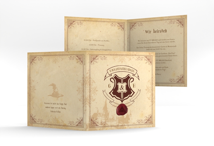 Hochzeitseinladung Zauberkunst quadr. Klappkarte beige hochglanz mit Fantasy-Wappen, Siegel und Zauberschule