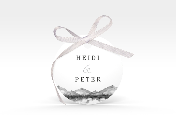 Geschenkanhänger Hochzeit Bergliebe Geschenkanhänger, rund grau mit Gebirgspanorama für Berghochzeit