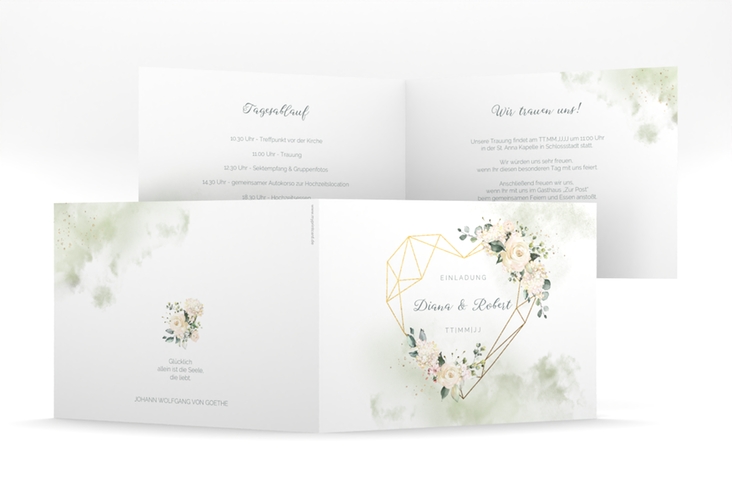 Hochzeitseinladung Adore mittlere Klappkarte quer gruen hochglanz mit geometrischem Herz und Rosen in Pastell