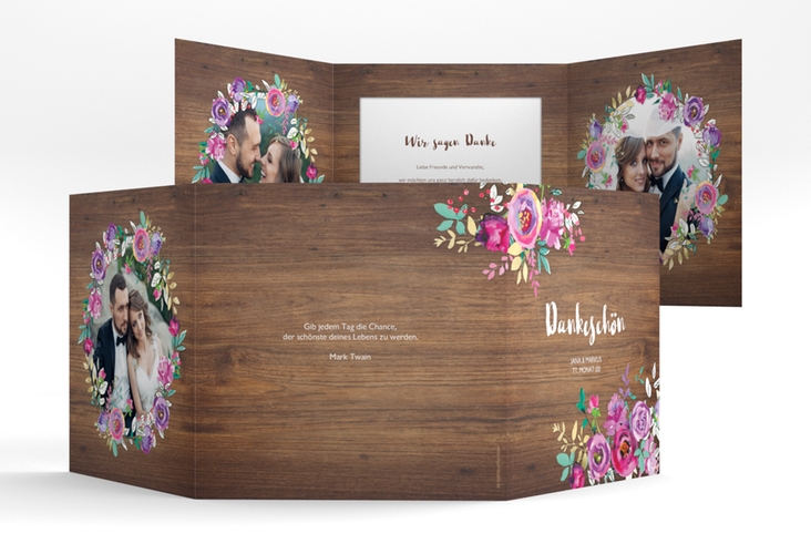 Dankeskarte Hochzeit Flourish quadr. Doppel-Klappkarte braun mit floraler Bauernmalerei auf Holz
