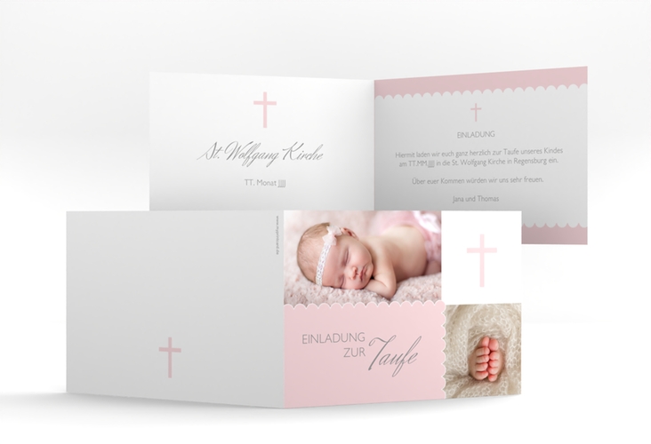 Taufeinladung Blossom A6 Klappkarte quer rosa hochglanz