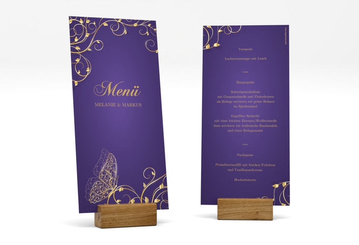 Menükarte Hochzeit Eternity lange Karte hoch lila hochglanz