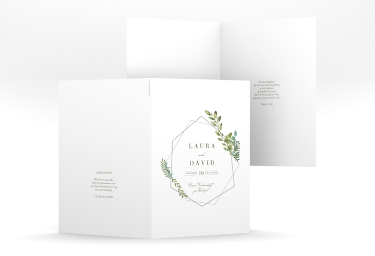 Kirchenheft Hochzeit Herbarium A5 Klappkarte hoch grau hochglanz mit geometrischem Rahmen und Blätter-Dekor