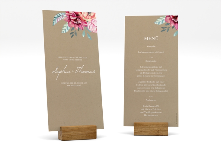 Menükarte Hochzeit Blooming lange Karte hoch Kraftpapier hochglanz