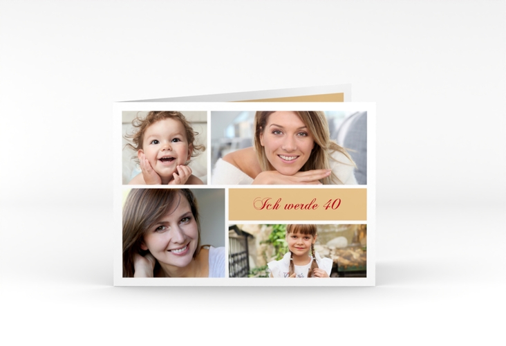 Einladung 40. Geburtstag Bilderserie A6 Klappkarte quer beige hochglanz mit mehreren Fotos