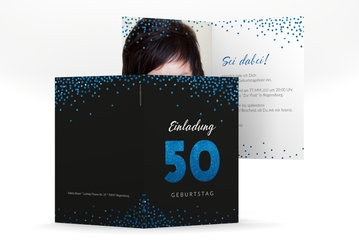 Einladung 50. Geburtstag Glitzer A6 Klappkarte hoch blau hochglanz