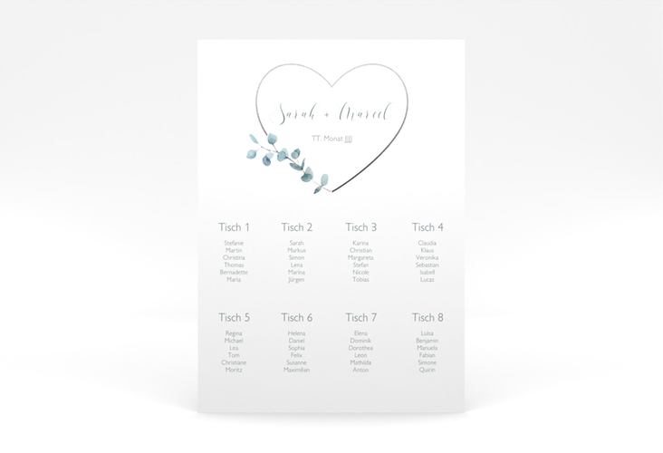 Sitzplan Poster Hochzeit Greenheart 50 x 70 cm Poster grau mit elegantem Herz und Eukalyptus-Zweig
