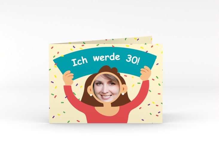 Einladung 30. Geburtstag Comic Woman A6 Klappkarte quer beige