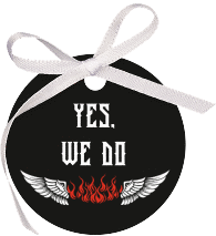 Geschenkanhänger Hochzeit Biker Geschenkanhänger, rund schwarz mit Rocker-Paar auf Motorrad