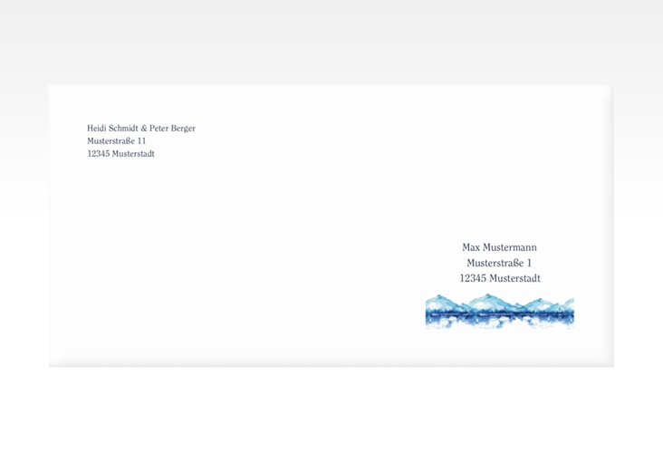 Kuvert DIN lang Bergliebe DIN lang blau mit Gebirgspanorama für Berghochzeit