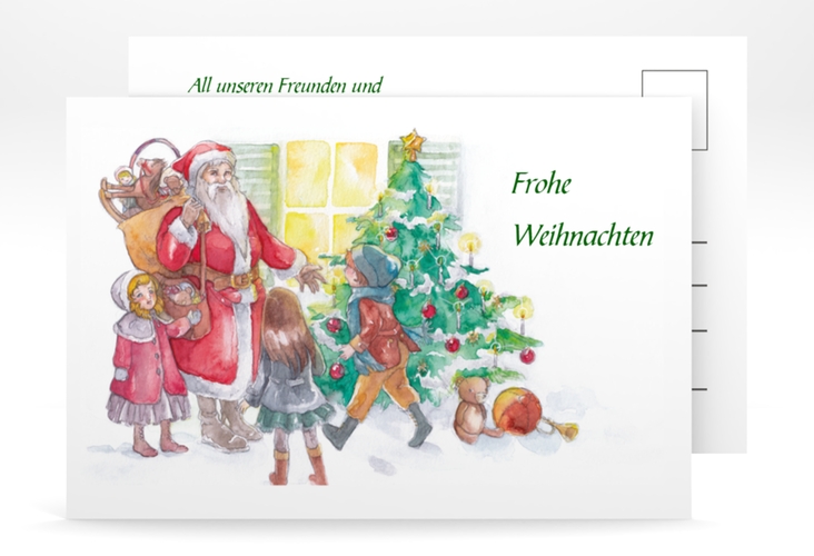 Weihnachtskarte Bescherung A6 Postkarte weiss hochglanz