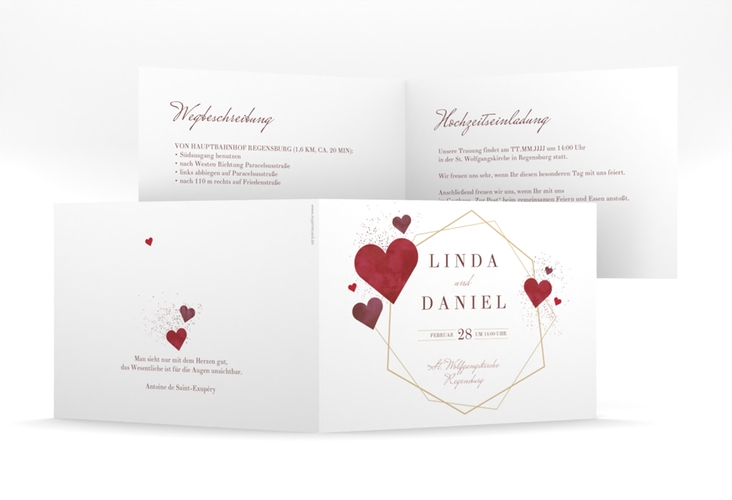 Hochzeitseinladung Herzlich mittlere Klappkarte quer mit Goldrahmen und roten Herzen