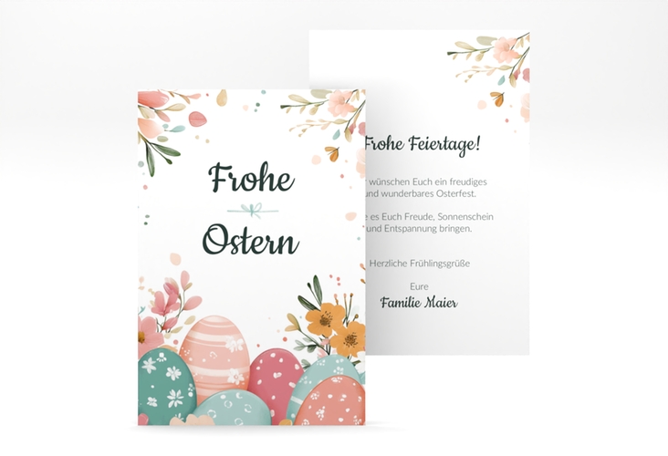 Osterkarte Osterblüte A6 Karte hoch mit bunten Ostereiern und Blütenzweigen