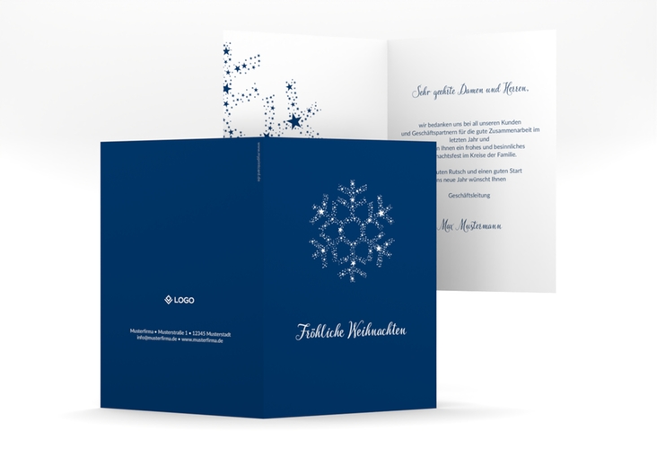 Business-Weihnachtskarte "Sternflocke" A6 Klappkarte hoch blau mit Schneeflocke aus weißen Sternen
