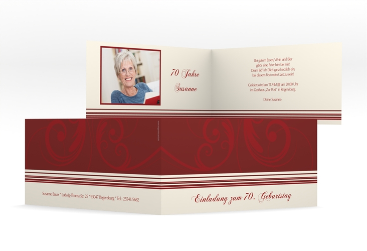 Einladung 70. Geburtstag Katharina lange Klappkarte quer rot