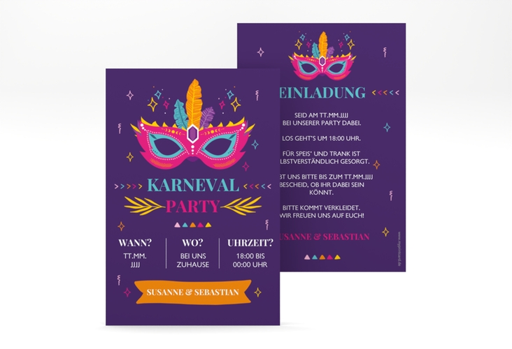 Party Einladungskarte Karneval A6 Karte hoch lila