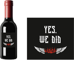 Piccoloetikett Hochzeit Biker Etikett Piccolo schwarz mit Rocker-Paar auf Motorrad