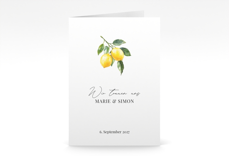 Einladungskarte Hochzeit Zitronen A6 Klappkarte hoch weiss für mediterrane Zitrushochzeit