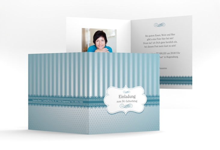 Einladung 50. Geburtstag Heinrich/Henriette quadr. Klappkarte blau mit frechen Polka Dots