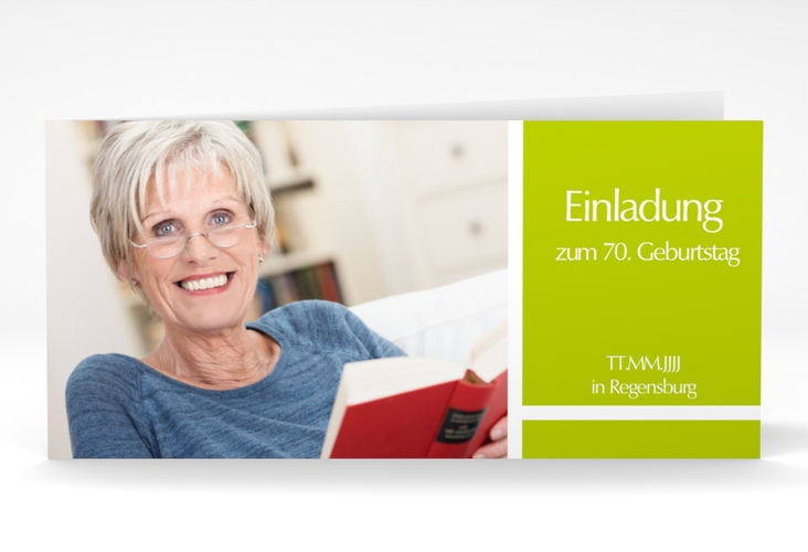 Einladung 70. Geburtstag Gerd/Gerda lange Klappkarte quer gruen mit Foto