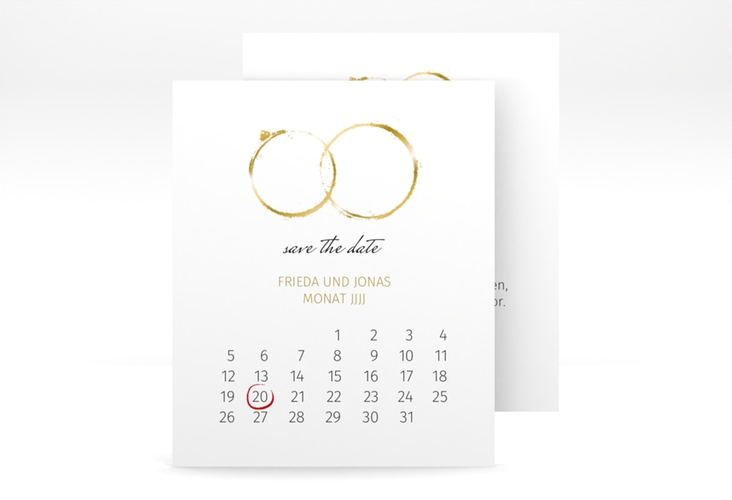 Save the Date-Kalenderblatt Trauringe Kalenderblatt-Karte gold hochglanz minimalistisch gestaltet mit zwei Eheringen