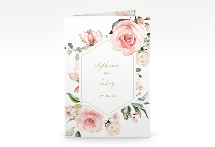 Einladungskarte Hochzeit Graceful A6 Klappkarte hoch weiss hochglanz mit Rosenblüten in Rosa und Weiß