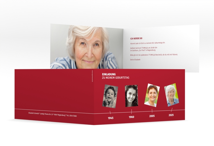 Einladung 80. Geburtstag Timeline lange Klappkarte quer rot hochglanz