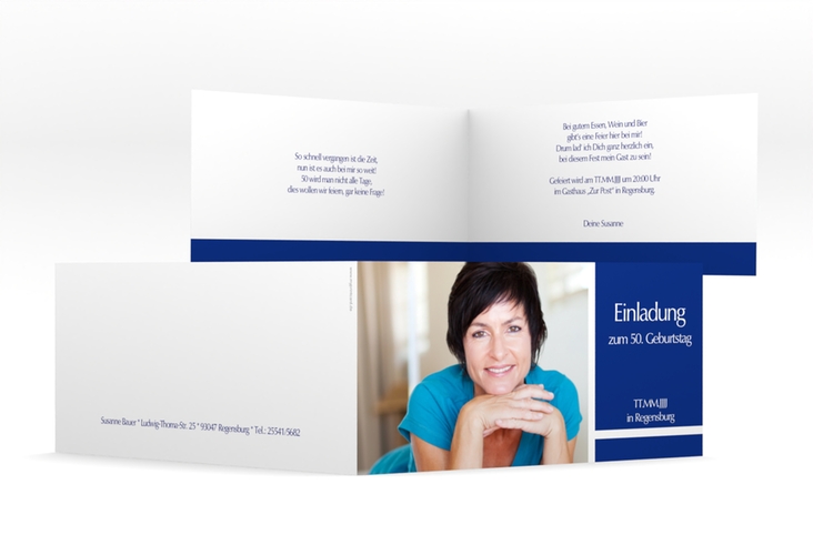 Einladung 50. Geburtstag Gerd/Gerda lange Klappkarte quer blau mit Foto