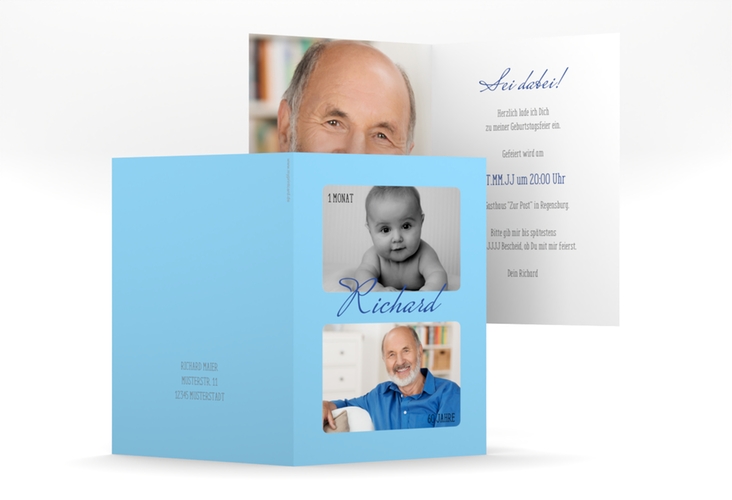 Einladung 60. Geburtstag Zeitlos A6 Klappkarte hoch blau hochglanz mit Damals- und Heute-Fotos