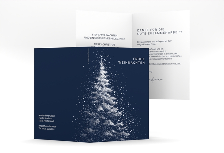 Geschäftliche Weihnachtskarte Schneebaum A6 Klappkarte hoch mit Tanne und Stechpalme im Schiefertafel-Look
