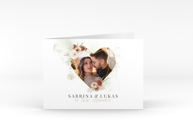 Hochzeitseinladung Odeur A6 Klappkarte quer gruen mit Aquarell-Blumen und Foto in Herzform