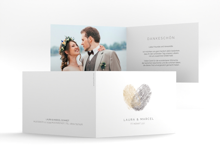 Dankeskarte Hochzeit Fingerprint A6 Klappkarte quer beige hochglanz schlicht mit Fingerabdruck-Motiv