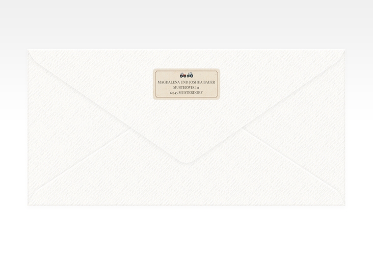 Absenderetikett Hochzeit Bauernhochzeit 45,7 x 21,2 mm beige in rustikaler Holz-Optik mit Schleierkraut und zwei kleinen Traktoren