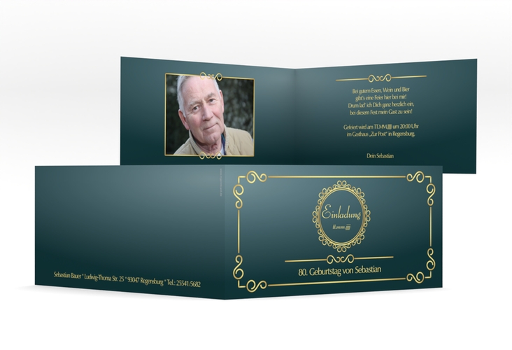 Einladung 80. Geburtstag Bert/Berta lange Klappkarte quer blau