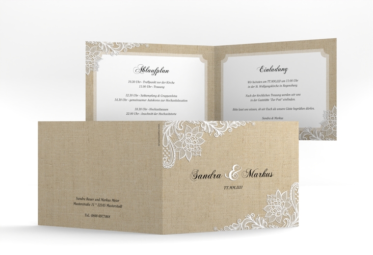 Hochzeitseinladung Lace A6 Klappkarte quer beige hochglanz in Leinen-Optik mit weißer Spitze