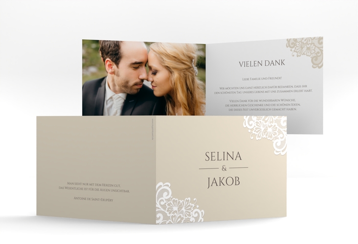 Dankeskarte Hochzeit Vintage A6 Klappkarte quer mit floraler Spitze